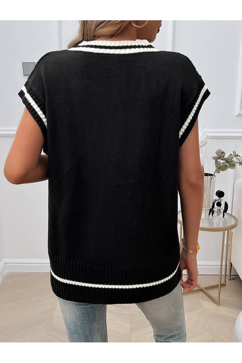 CWOV0435_Casual V-Neck Color Matching Knit Sweater Vest