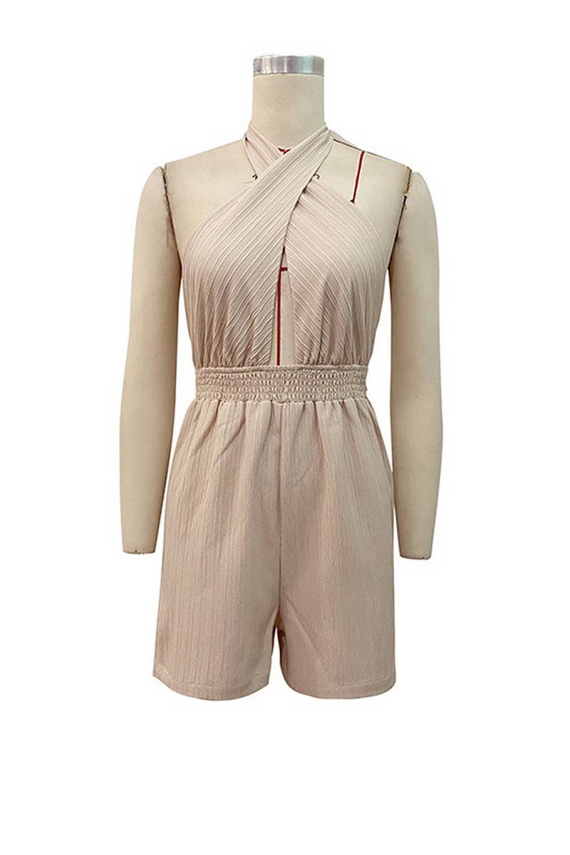 CWSJS0630_ HALTER NECK SOLID COLOR SHORTS JUMPSUIT