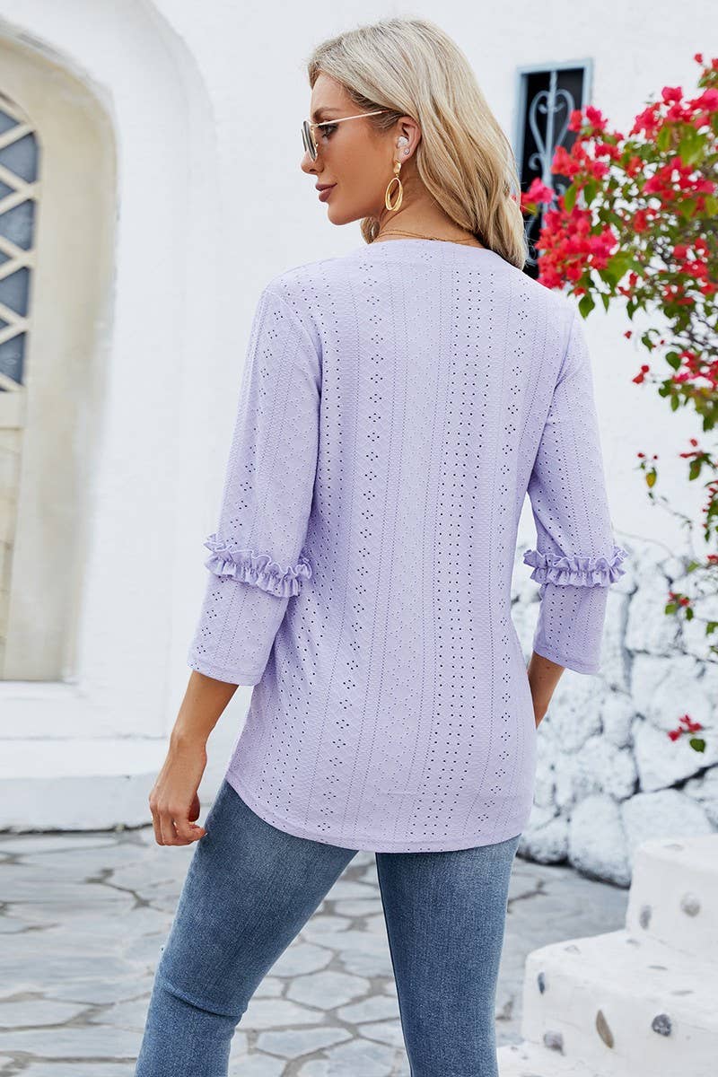 CWTTS0763_3/4 Sleeve Ruffle Detailed V-Neck  Blouse