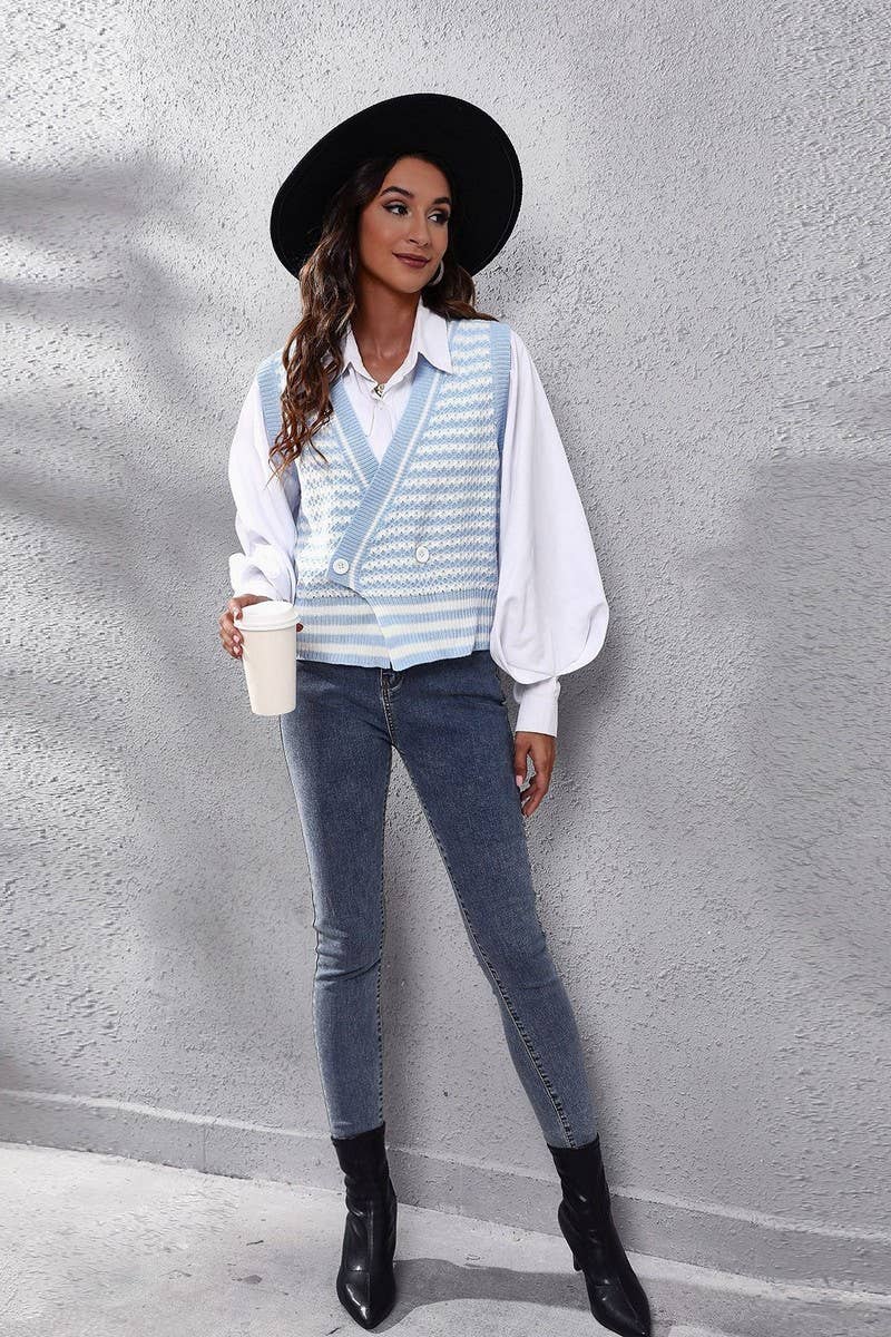 CWOV0488_STRIPED KNITTED CARDIGAN SWEATER VEST