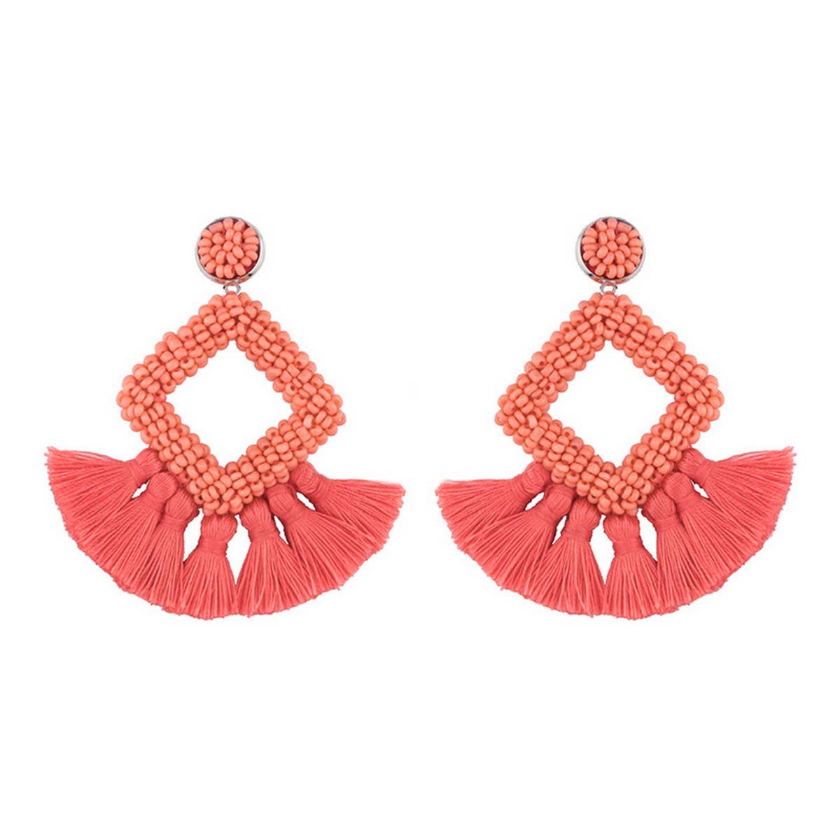 GEOMETRIC DIAMOND SHAPED RICE BEAD TASSEL EARRINGS
