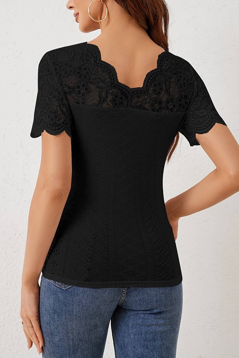 CWTBLS1528_SCALLOPED V-NECK LACE PANELED SHORT-SLEEVED TOP