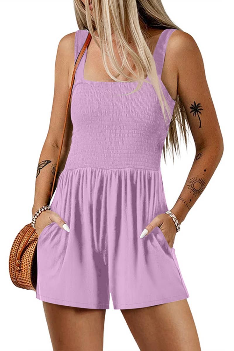 CWSJS1069_SLEEVELESS SQUARE NECK HIGH-WAISTED ROMPER SHORT