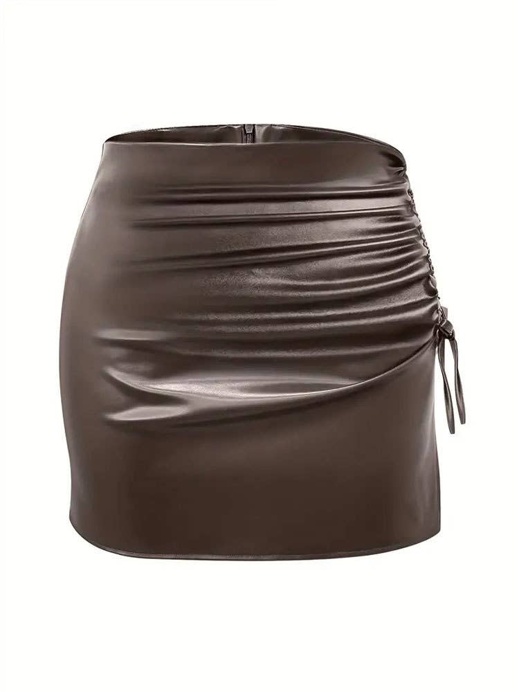 Drawstring strap split pack hip PU leather skirt