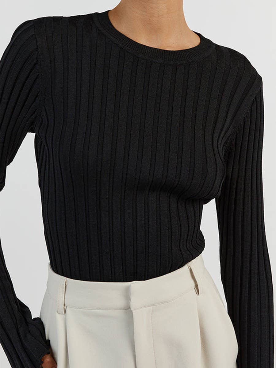 CREW NECK KNIT SWEATER LONG SLEEVE PIT STRIPE