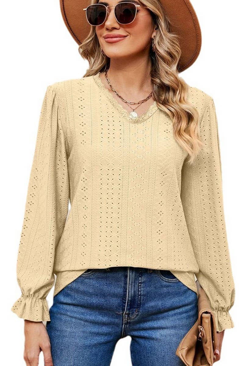 CWTBLL2394_V-NECK LONG-SLEEVED HOLLOW LACE PATCHWORK TOP