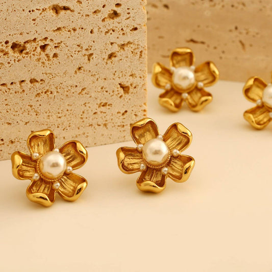 Vintage Style Pearl Titanium Steel Flower Earrings