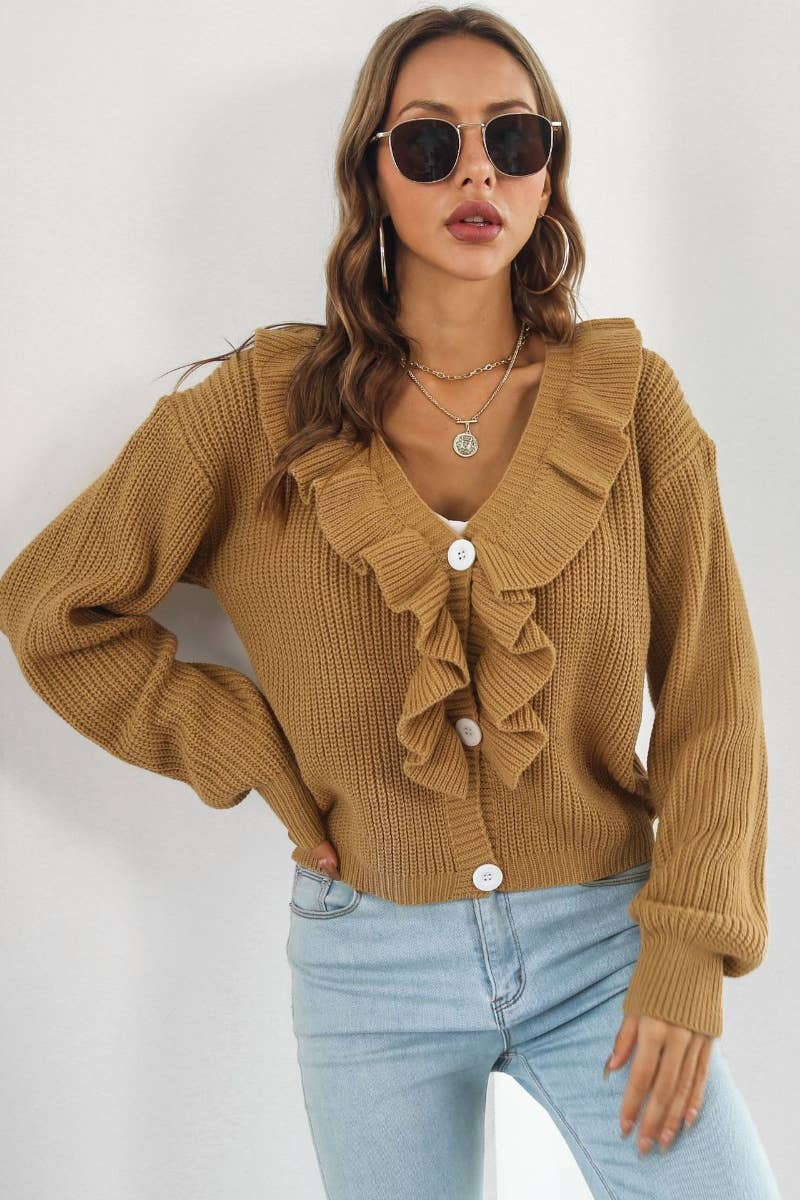 CWOCAL2062_FASHION RUFFLED LOOSE SWEATER CARDIGAN SHORT