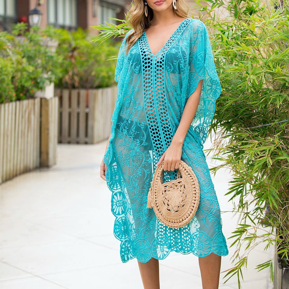 SEXY HOLLOW V-NECK LACE SWIMSUIT COVER-UP