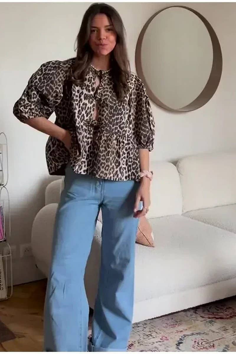 CWTBLL00717_SOLID COLOR PUFF SLEEVE PRINT LACE-UP SHIRT