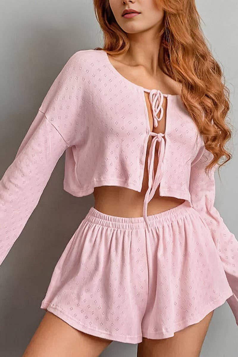 CWSPJ0333_KNITTED JACQUARD LONG SLEEVE SHORTS PAJAMA SET