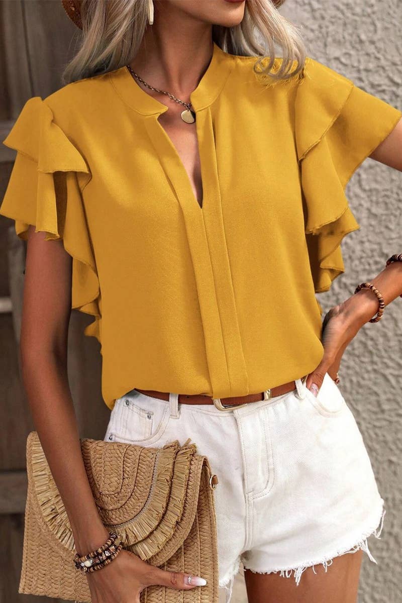 CWTSTS0666_SUMMER V-NECK CASUAL RUFFLE SLEEVE SHIRT