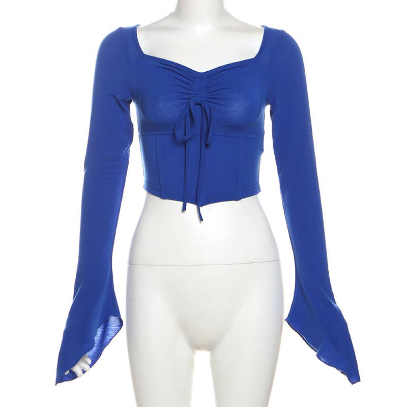 CROP SLEEVES DRAWSTRING PLEATS SOLID COLOR BLOUSE