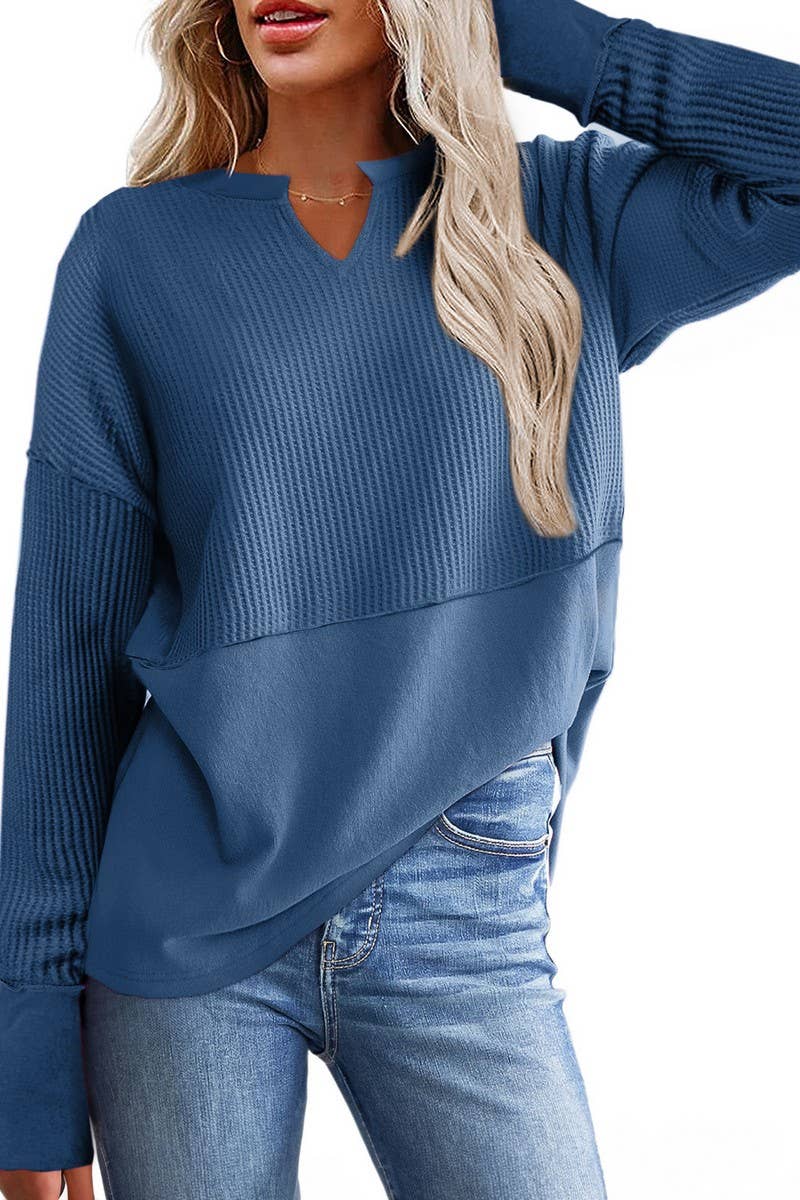 CWTBLL2422_SOLID COLOR PATCHWORK LONGSLEEVE LOOSE SWEATSHIRT