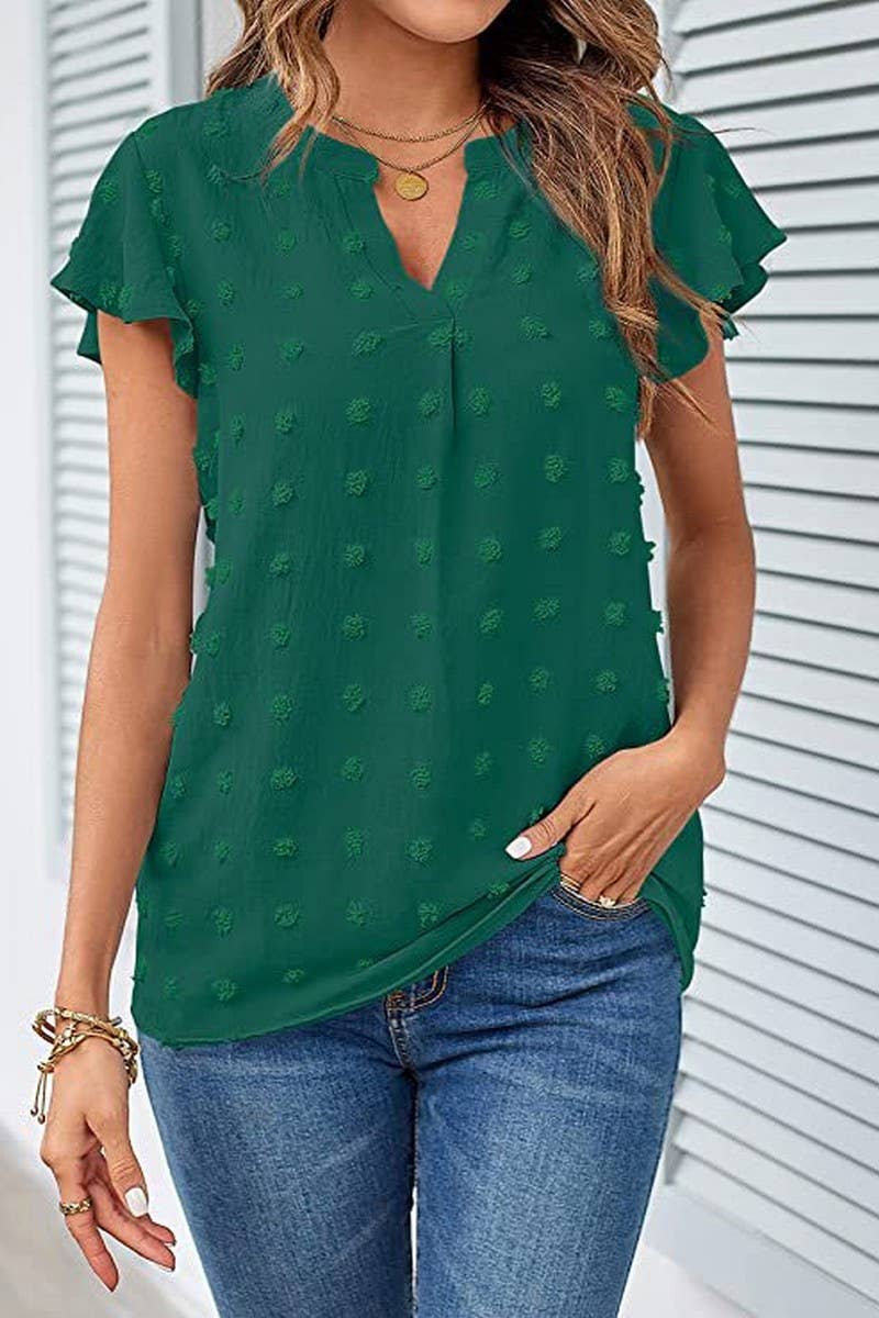 CWTBLS0606_V-NECK RUFFLED SLEEVE CHIFFON SHORT-SLEEVED TOP