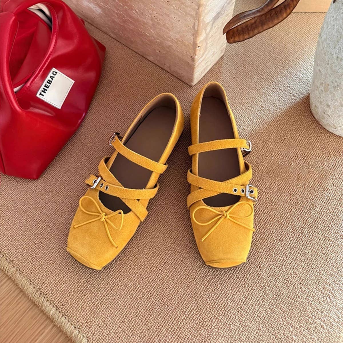 Suede Mary Jane Flats with Cross Strap & Bow_CWSHF0067