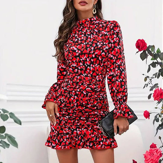 Elegant print pleated design long-sleeved dress