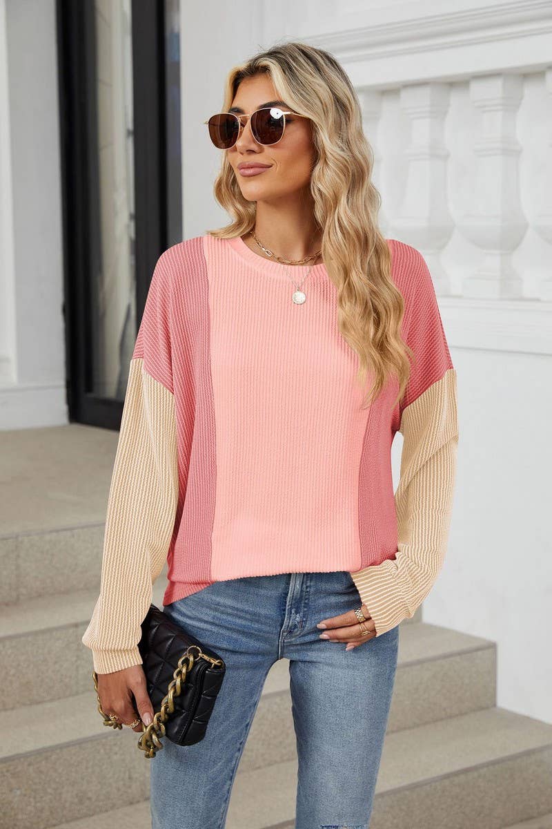 CWTBLL2358_ROUND NECK LOOSE STITCHING LONG SLEEVE TOP