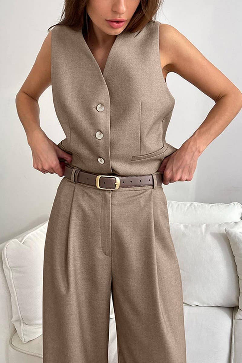 CWSTB1475_SOLID COLOR SUIT VEST TOP PANTS SET