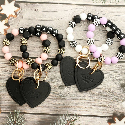 Leopard Print Silicone Bead Heart Bracelet Keychain_CWAB5018