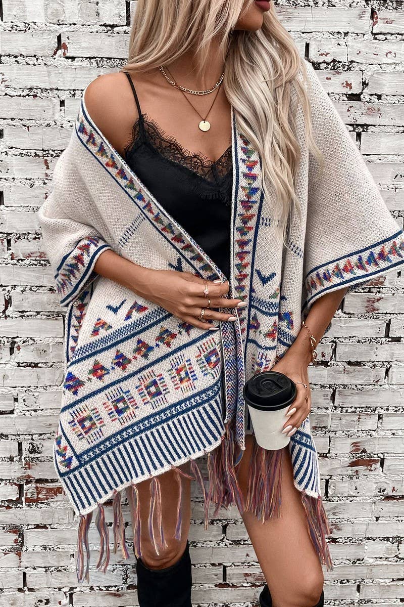 CWOSWS0090_LOOSE KNITTED TASSEL JACQUARD CAPE SHAWL