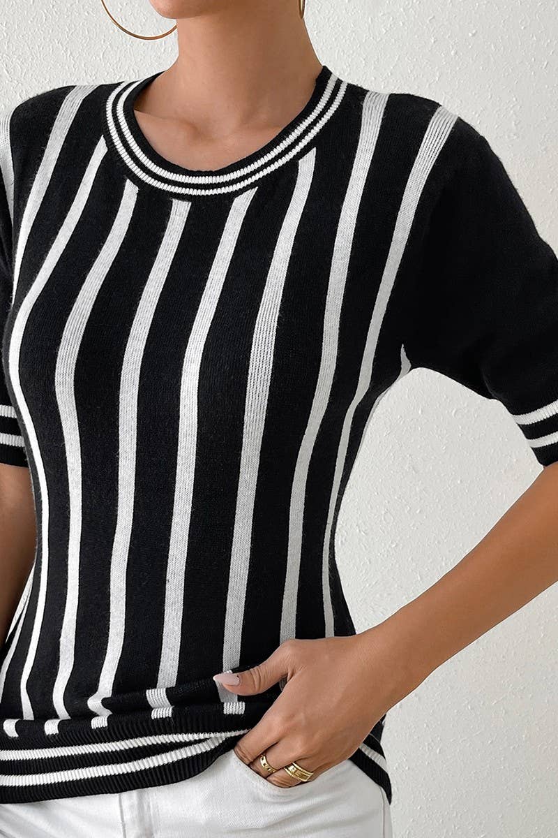 CWOSWS0040_Round Neck Short Sleeve Striped Knit Sweater