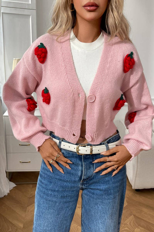 CWOCAL2359_STRAWBERRY KNIT BUTTON CARDIGAN SWEATER