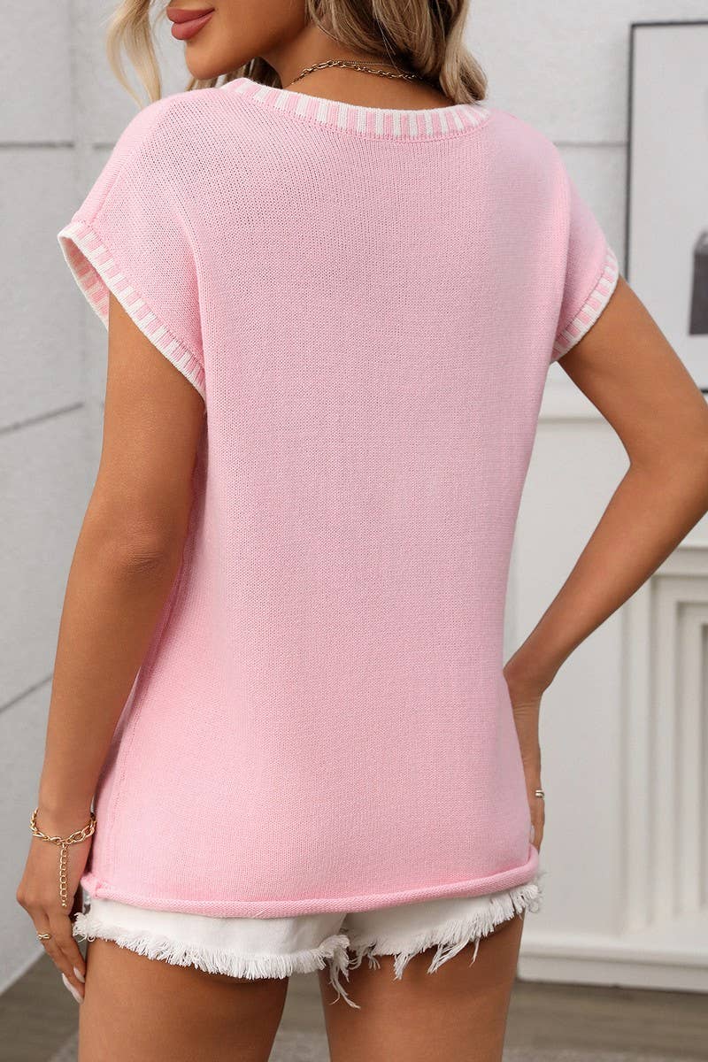 CWOSWS0132_V-NECK SHORT-SLEEVED STRIPED KNITTED SWEATER