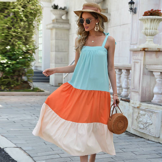 Bohemian contrasting color long halter dress