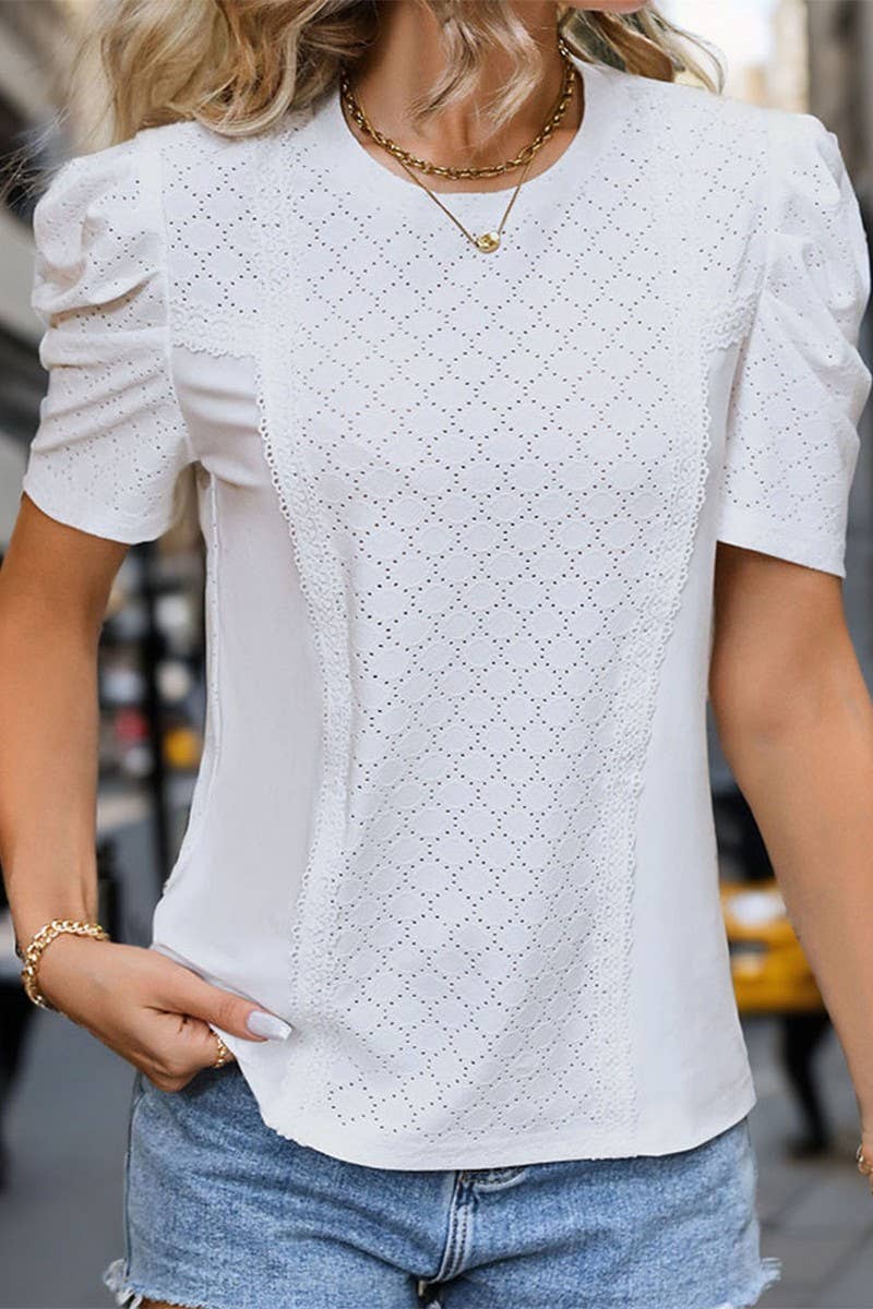 CWTBLS0681_WHITE CREW NECK PUFFY SLEEVE KNIT TOP