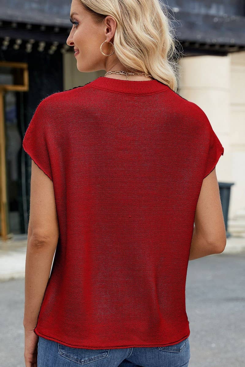 CWTBLS02492_CREW NECK SHORT-SLEEVED KNITTED VEST PULLOVER