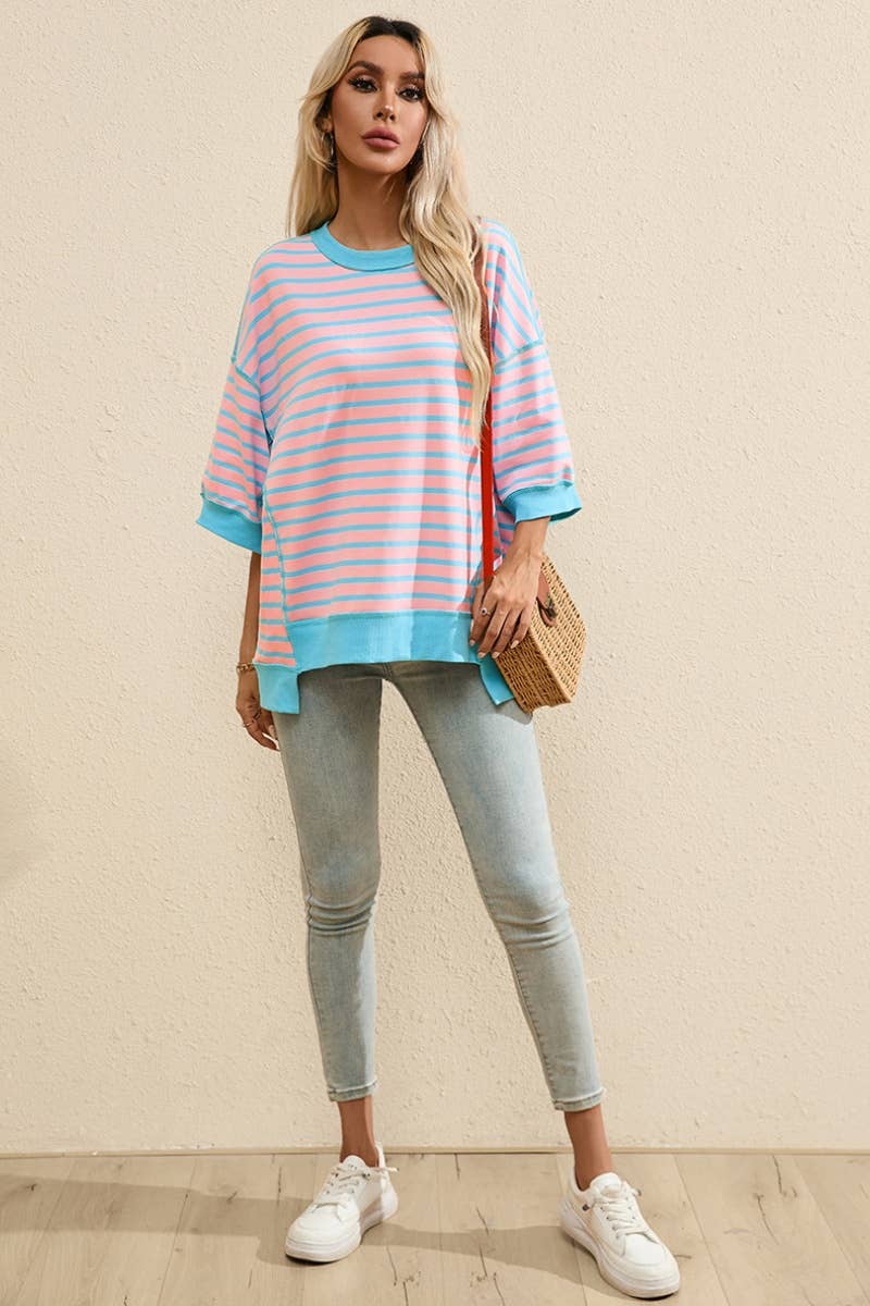 CWTBLS1225_STYLISH STRIPED PATCHWORK FIVE-SLEEVE TOP
