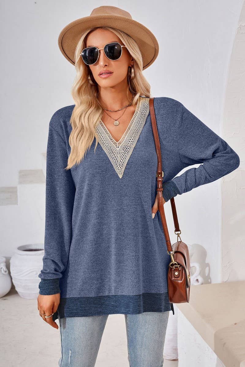 CWTBLL3660_AUTUMN NEW V-NECK LACE SOLID COLOR LOOSE T-SHIRT
