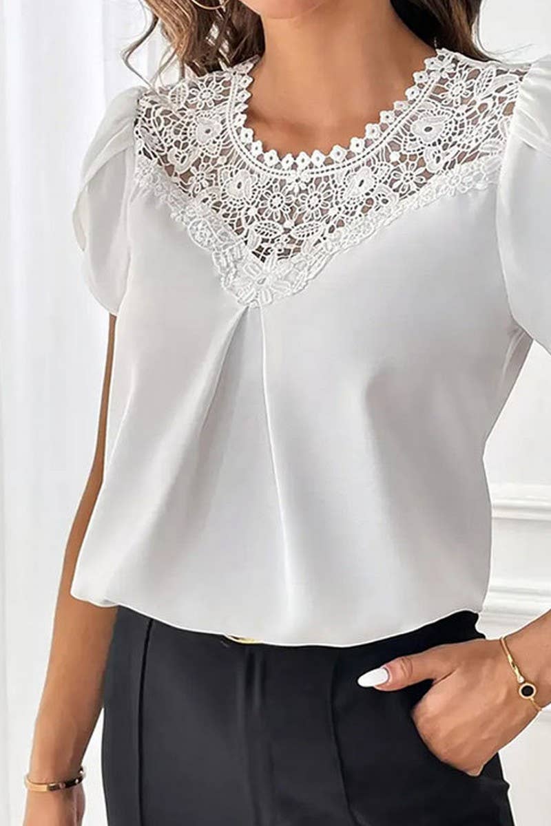CWTTS1401_SUMMER SOLID COLOR LACE SHORT SLEEVE SHIRT