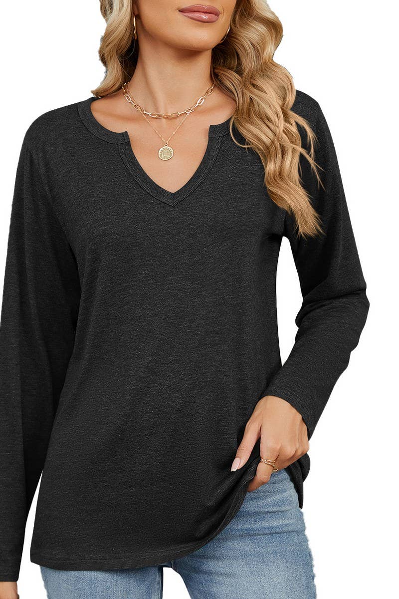 CWTBLL2369_V-NECK SOLID COLOR LOOSE LONG-SLEEVED T-SHIRT