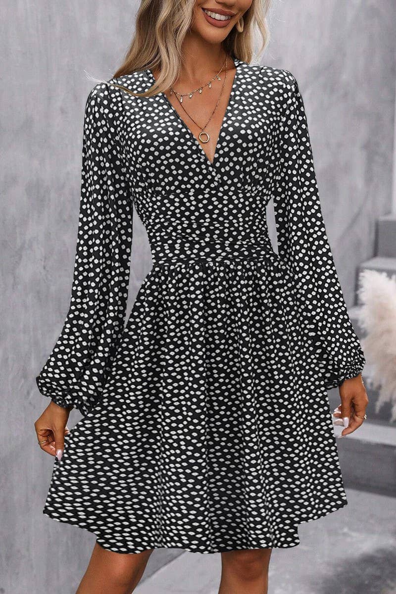 CWDSD8399_V NECK LANTERN SLEEVE RUCHED WAIST DRESS