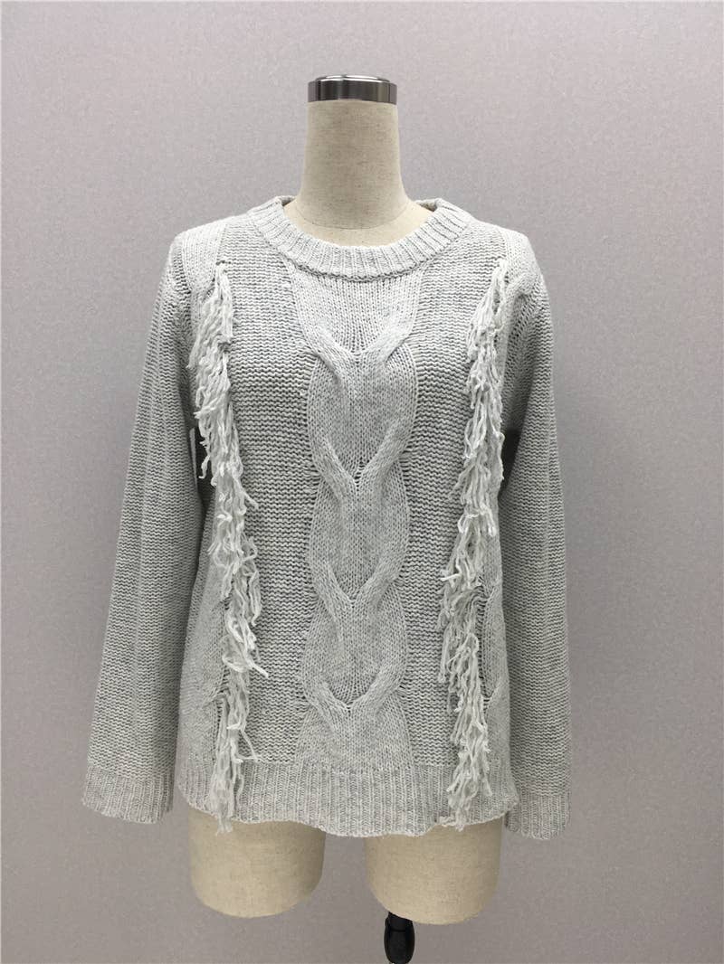 CREWNECK LONG SLEEVE PULLOVER SWEATER WITH FRINGE