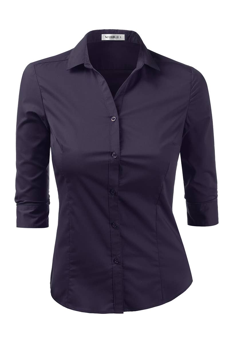 CWTSTL709_3/4 Sleeve Button Down Collar Shirt Blouse