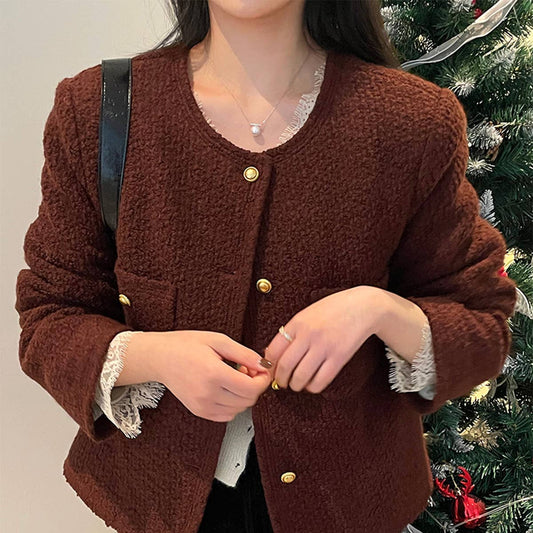 Collarless single-breasted cardigan coat