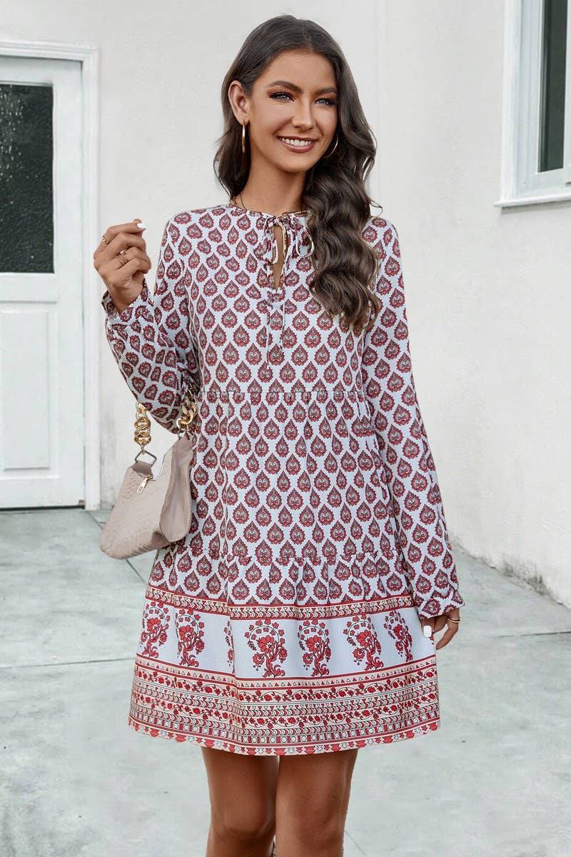 CWDSD4870_PRINTED LONG SLEEVE CREW NECK DRESS