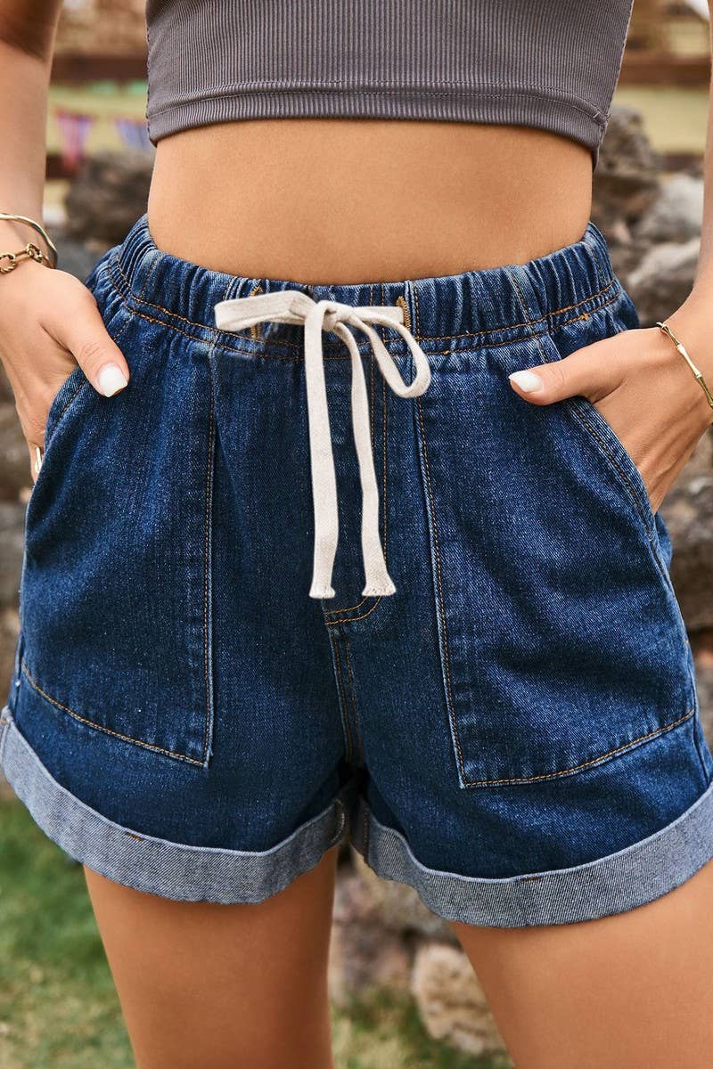 CWJS00039_ELASTIC WAIST CASUAL ROLLED-UP DENIM SHORTS