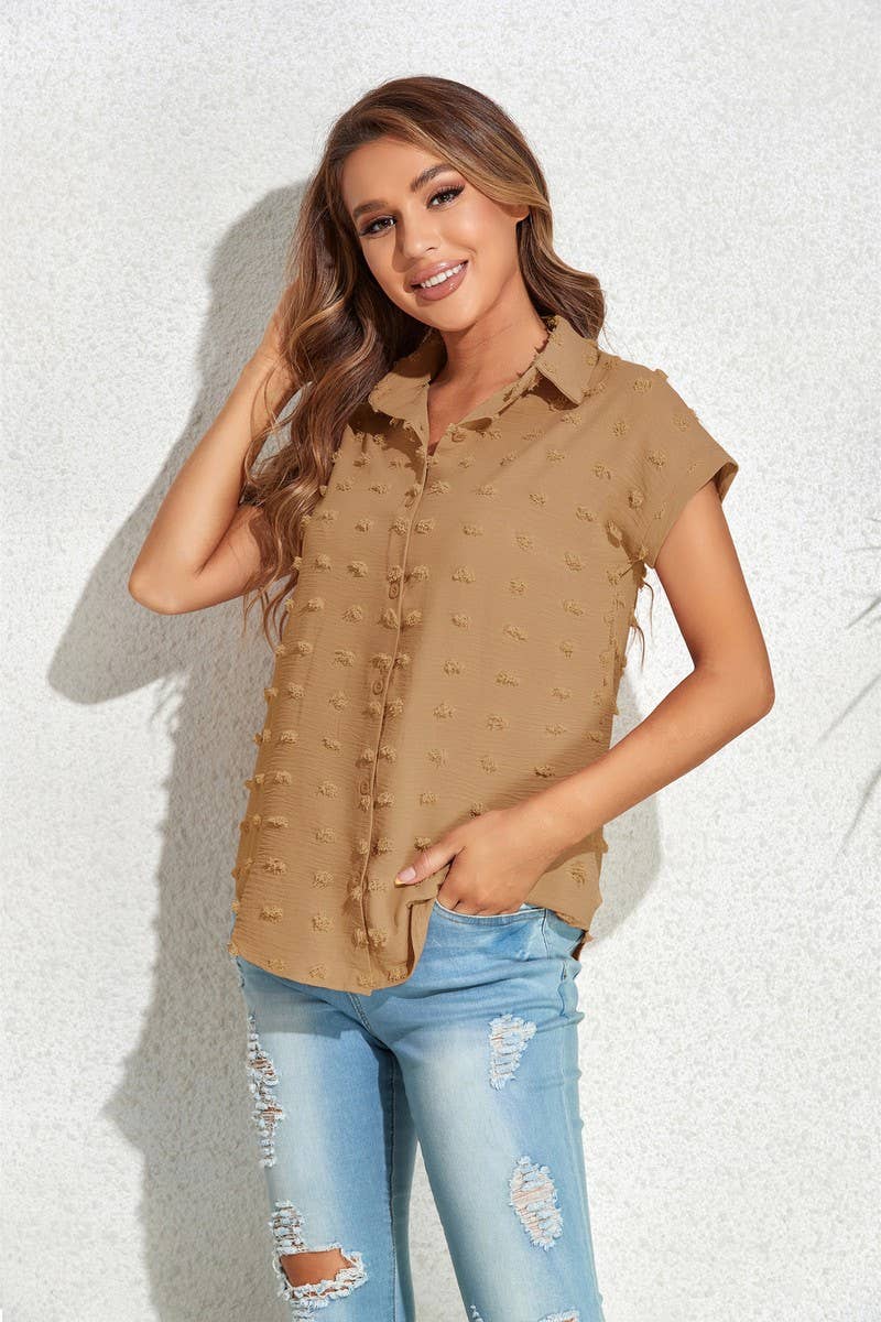 CWTBLS0614_ BUTTON SHORT SLEEVE SHIRT BLOUSE TOP