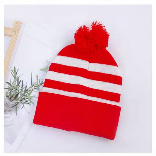 CWAH04338_CHRISTMAS STRIPED KNIT POM POM BEANIE HAT