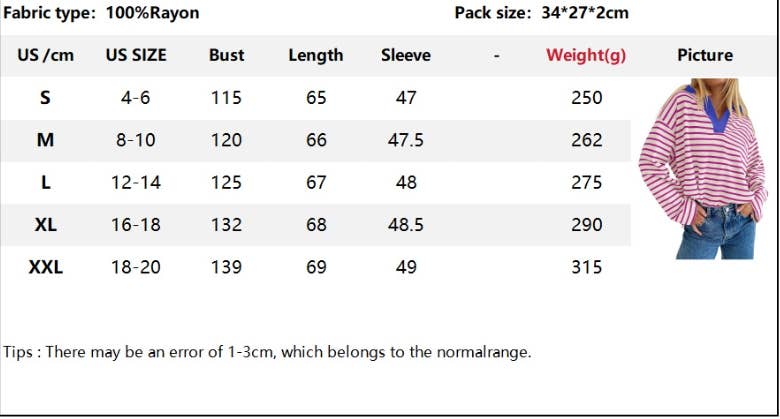 CWTBLL3674_STRIPED V-NECK LOOSE LAPEL SWEATSHIRT TOP