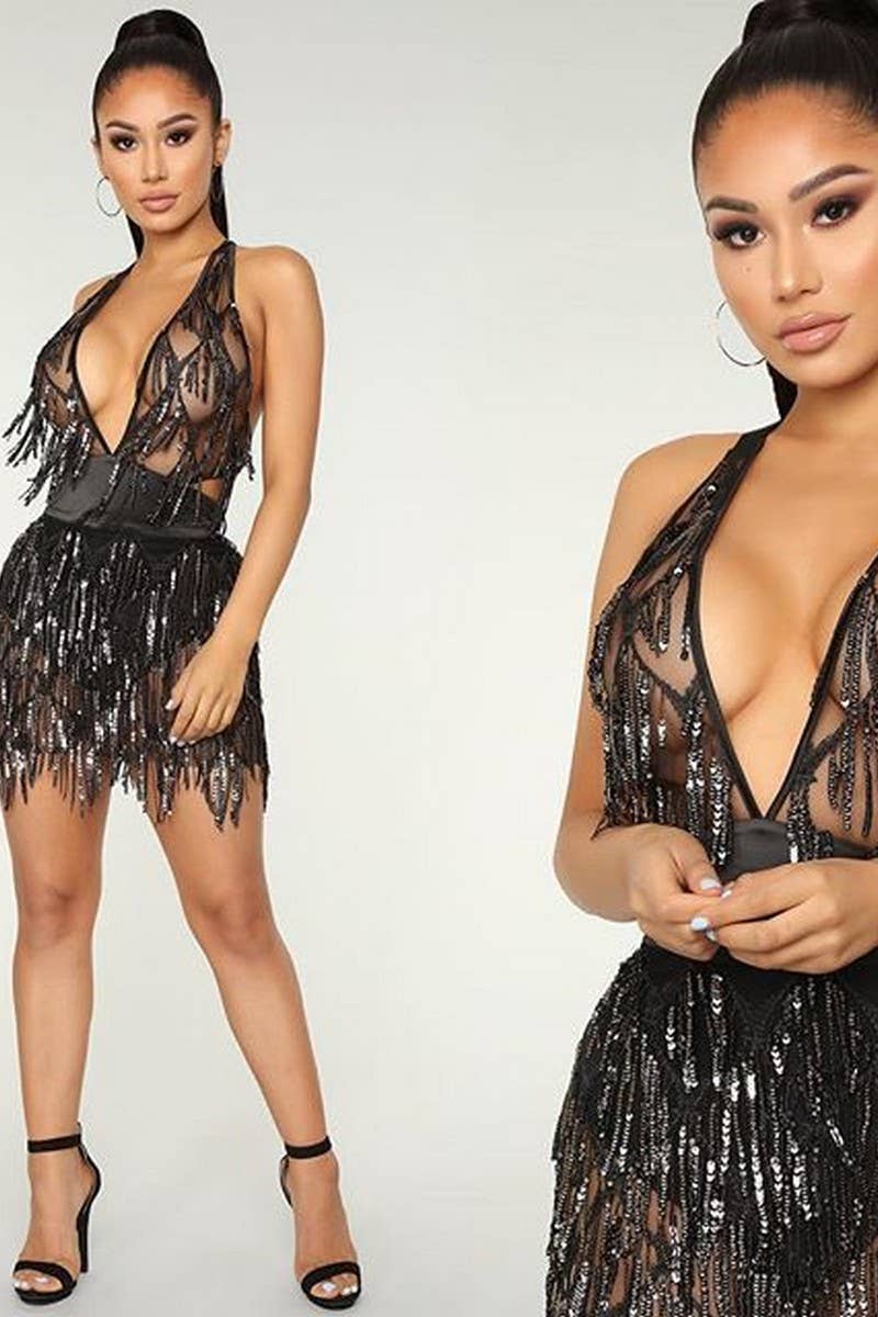 CWDSD10660_DEEP V FRINGE SEXY CLUB DRESS