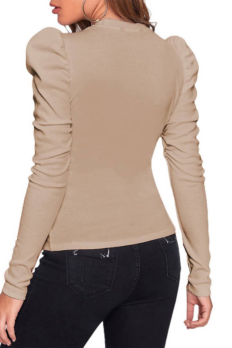 CWTBLSL0659_SOLID COLOR WARM ROUND NECK PUFF SLEEVE TOP