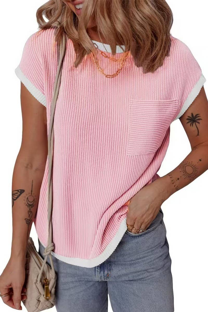 CWTBLS1772_RIBBED POCKET KNIT SHORT SLEEVE T-SHIRT TOP