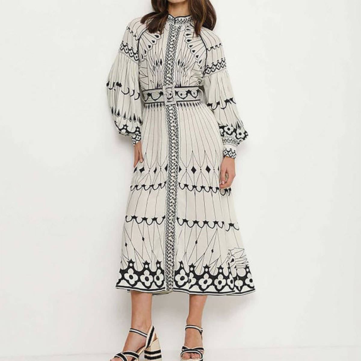 Courtly style elegant long-sleeved printed swing dress
