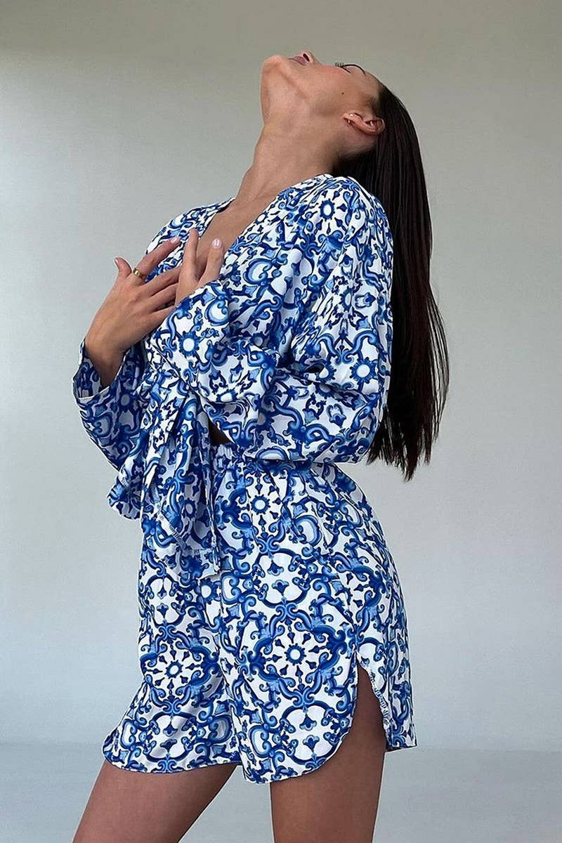 CWSPJ0365_PRINTED LOOSE LONG-SLEEVED SHORTS PAJAMA SET