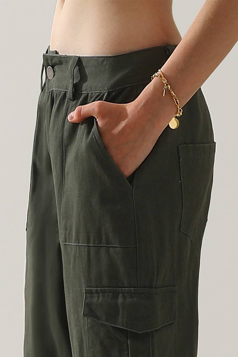 CWBLP421_Cargo Cotton Pants Wide Leg Casual Pants 4 Pockets